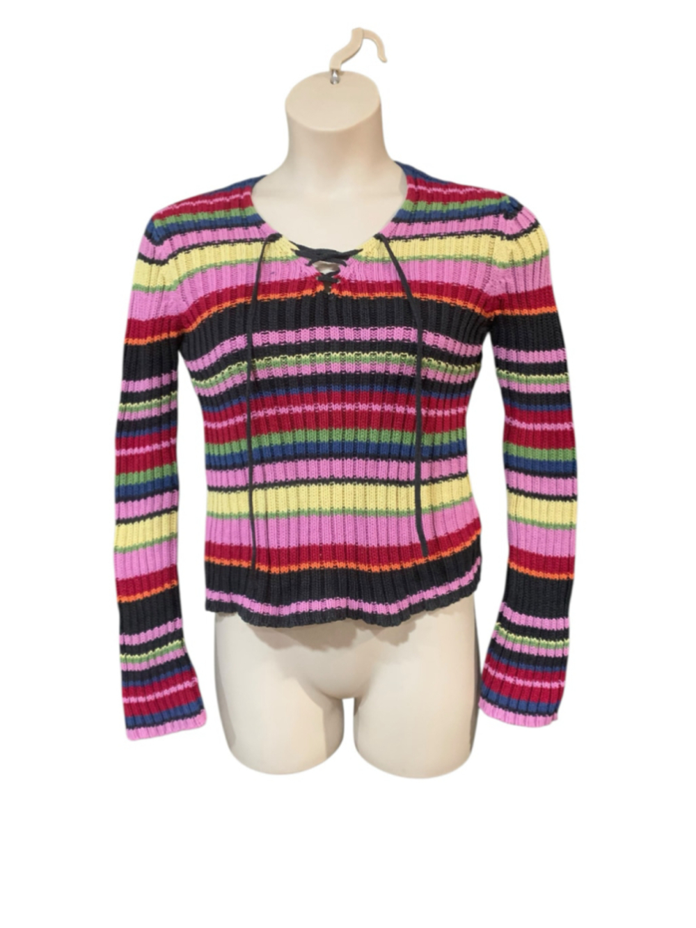 Vntg Y2K Women's Next Era lace up Striped Knit Sweater, Size L Multi-color